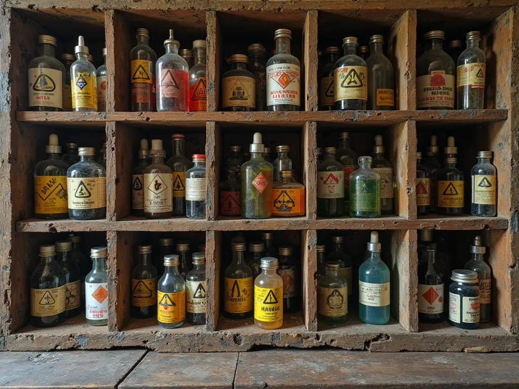 A homemade shelf, made of aged wood or metal, with several compartments or rooms, each filled with bottles and atomizers labeled with warning symbols for hazardous chemicals. The jars are made of glass or plastic, with homemade labels that show risk icons ...