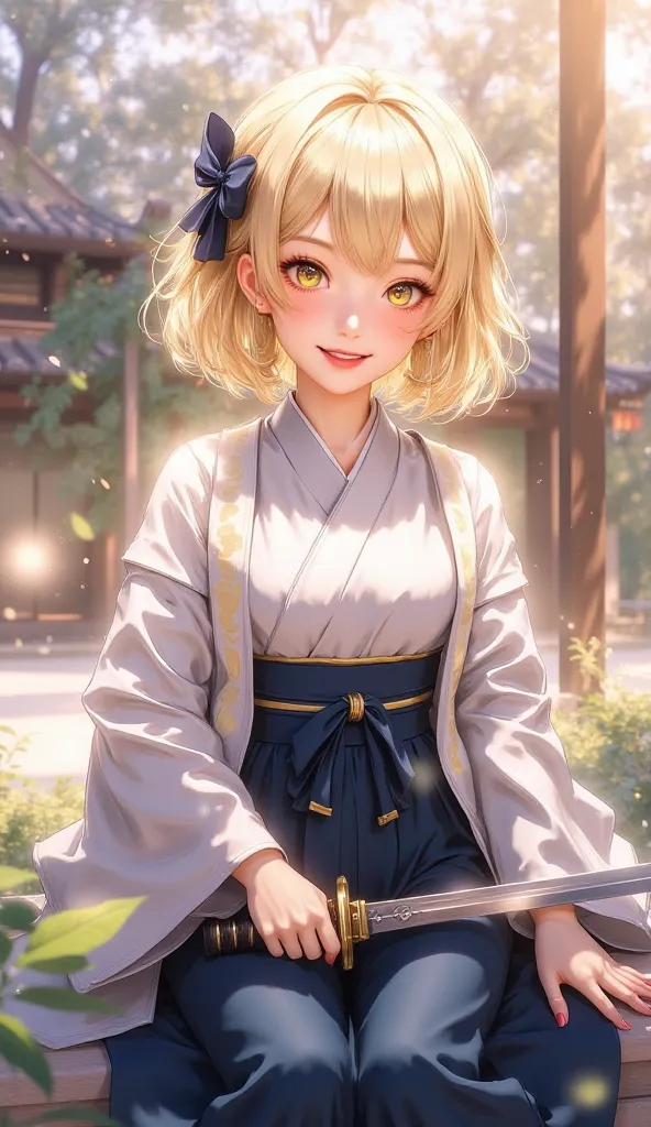 masterpiece, best quality, amazing quality, very aesthetic, light particles, scenery, ultra detailed, masterpiece \(quality\), BREAK, 1girl, solo, okita souji \(fate\), japanese clothes, weapon, one eye closed, sword, blonde hair, kimono, open mouth, ahoge...