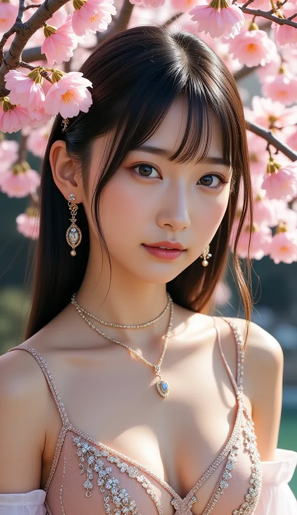 real image like the picture、８ｋ、background、cherry tree at the entrance ceremony、uninhabited island、A woman with an innocent expression that leaves the vibe of a girl、 black hair、straight hair、Gemstone Swimsuit 、Full Body Accessories、full body image from hea...