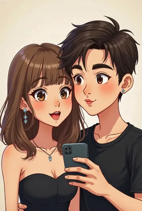 create a cartoon drawing of a couple, the lowest with light brown hair and a fringe at the height of the eyebrows and light brown eyes, wearing delicate silver earrings and a delicate silver chain, wearing a simple black strapless blouse , The boy make it ...