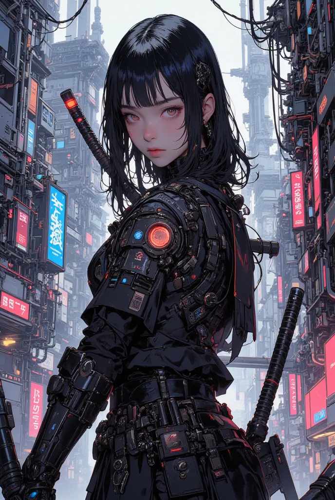 samurai girl in cyber punk city, semi realist style