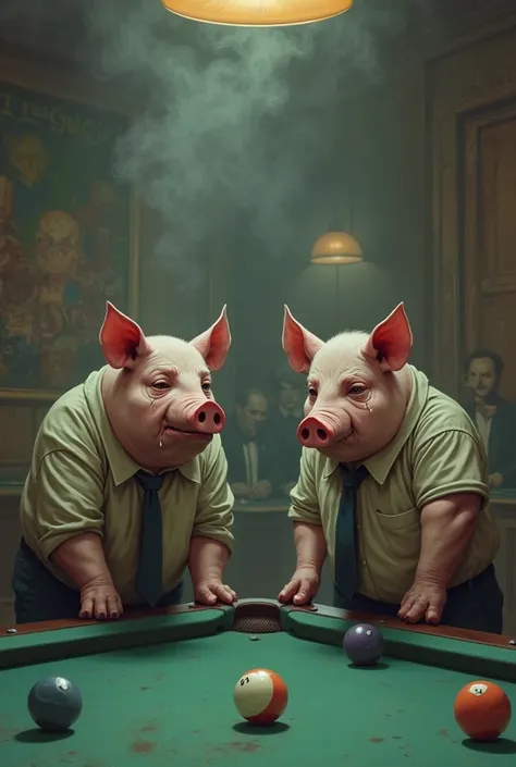 Create an image of two crying pigs playing 
pool
