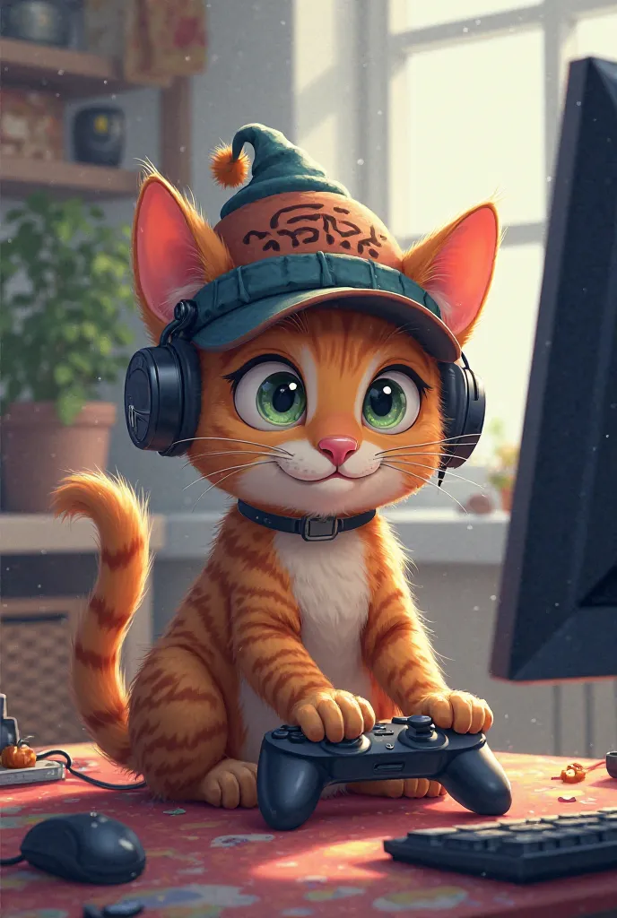 A cat with a hat on say Jack the cat with a headset on top playing video games