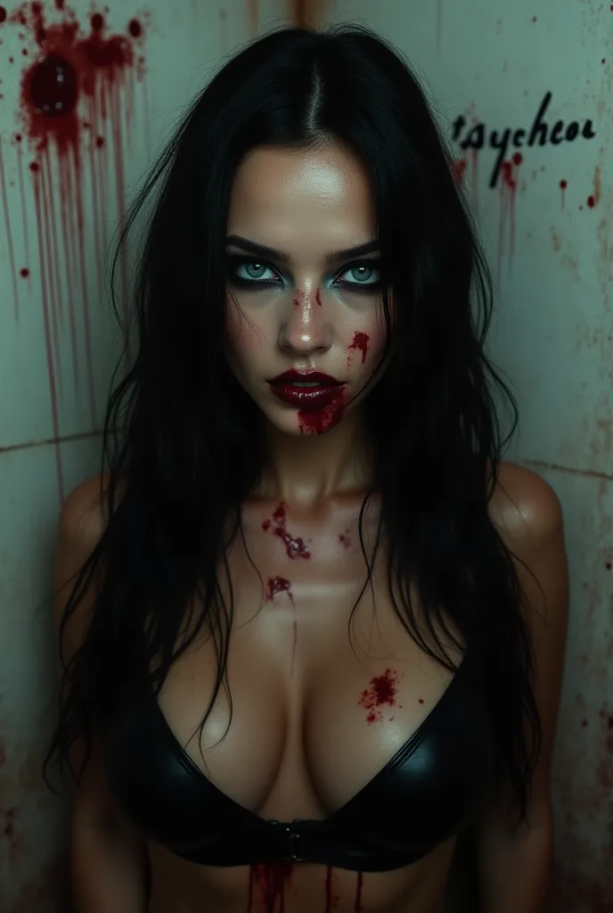 An aesthetic image of a gorgeous woman with big boobs that has long black hair and blue eyes with dark make-up and bloodred lips covered in blood in a bloody room with "psycho" written on the wall in blood