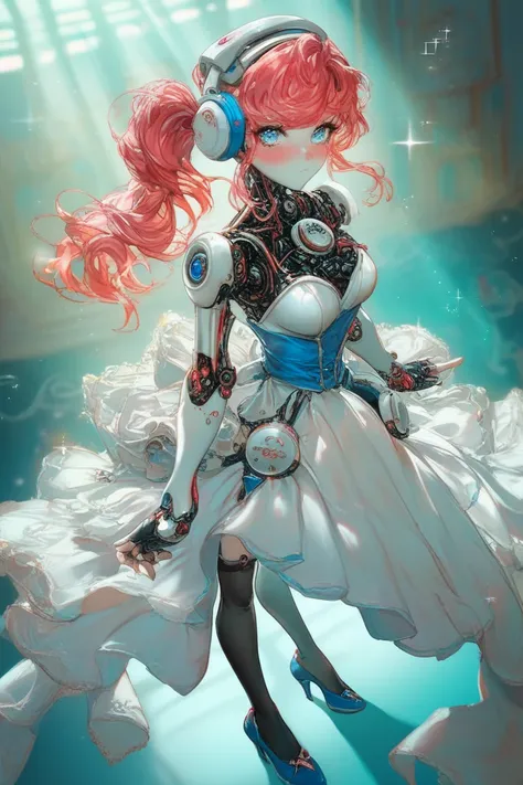 Robot anime girl with ((ivory robotic skin and pale white face)), long red hair with short side ponytail, (pink cheek dots1.4), robot arms, big blue eyes, full blush, blue headphones, blue belt, white dress with light blue trim, (((white gear on light blue...