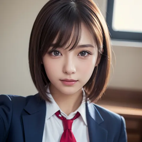 ((masterpiece, Best Quality, High resolution)), Japanese ******girl、(Realistic: 1.4), smile、Great face,Glossy Lips、******, ponytail、(Beautiful Hair:1.5), Japanese High School Uniform、Beautiful breasts、(Navy Blue Blazer、Navy blue jacket)、(White dress shirt)...