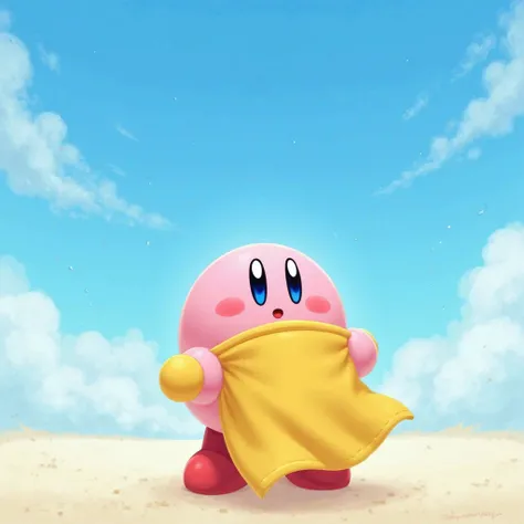 Kirby wearing a yellow cape with gloves looking at the sky 