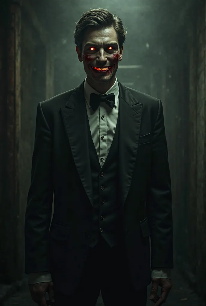 A handsome man in wedding attire, his eyes glowing ominously, with a sinister smile and a slightly disheveled appearance, standing in a dark, eerie environment.