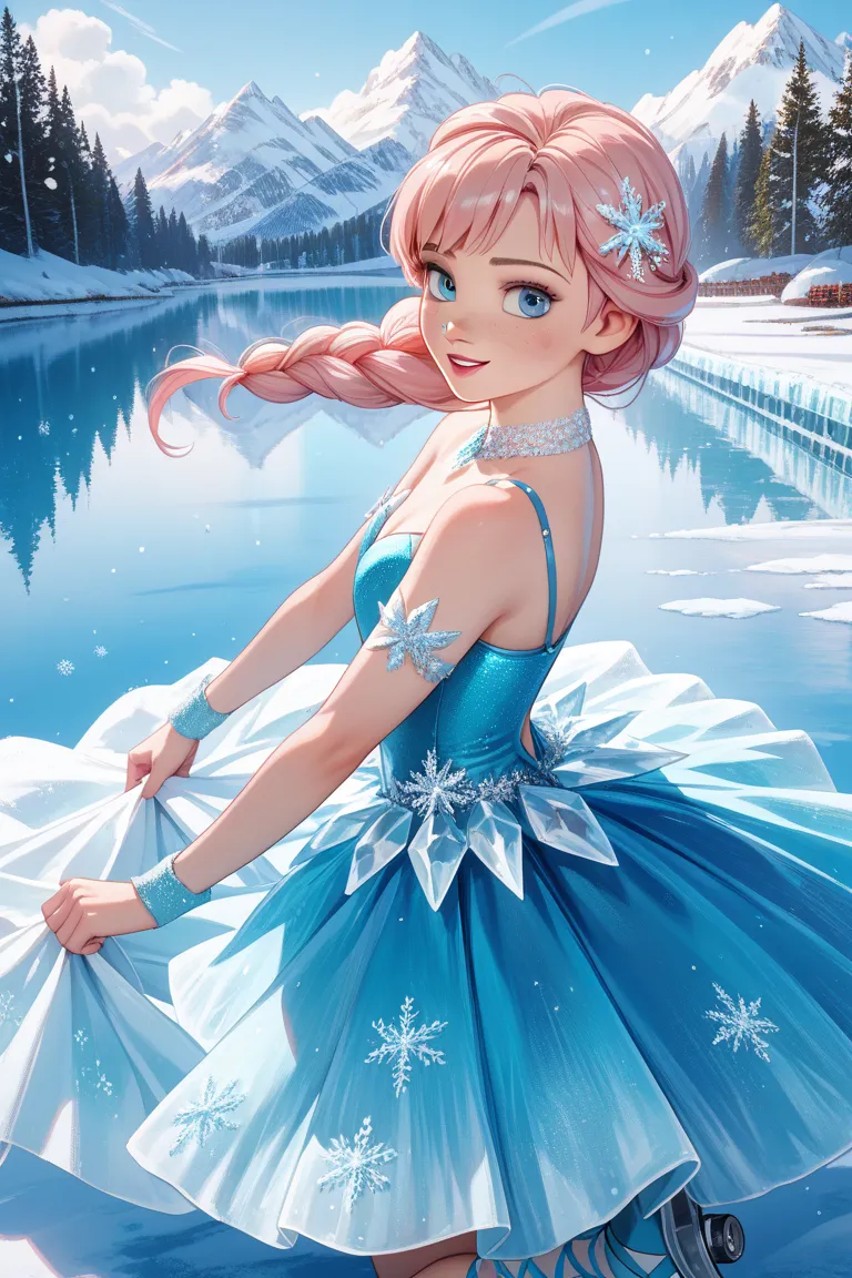 A young boy skates on a frozen lake wearing a red and white ice dance costume、Who dances on ice, Long light pink hair tied together。 with light blue eyes 。