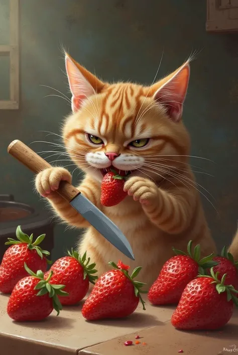 This brown cat eats strawberries with a knife