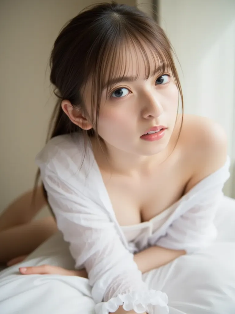 ((( low angle shot、biologically accurate images、    staring at camera  :1.22,    lean forward  , loose open shirt 、    underwear))),  1 Japanese Woman,     hotel room、   Indirect Lighting、 nudes,Completely naked,