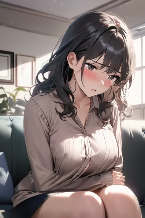 top quality, masterpiece, Hi-Res, 8k, (1 girl), Alone, sexy, (bust shot), Married Woman in Casual Clothes), Black wavy hair, Mature Woman, (((sad expression))), living room, (((A married woman who cries, reflects, and says words of apology))), (((lie down ...