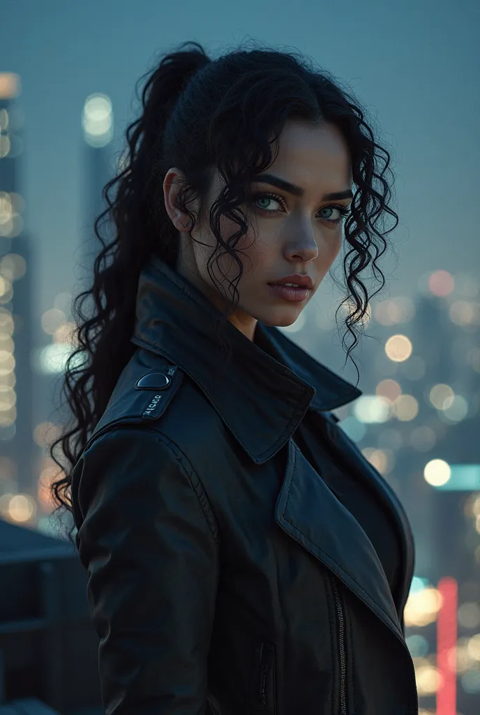 Arab woman, blue eyes, curly black hair tied, wearing a spy outfit, The night above the building realistic image
