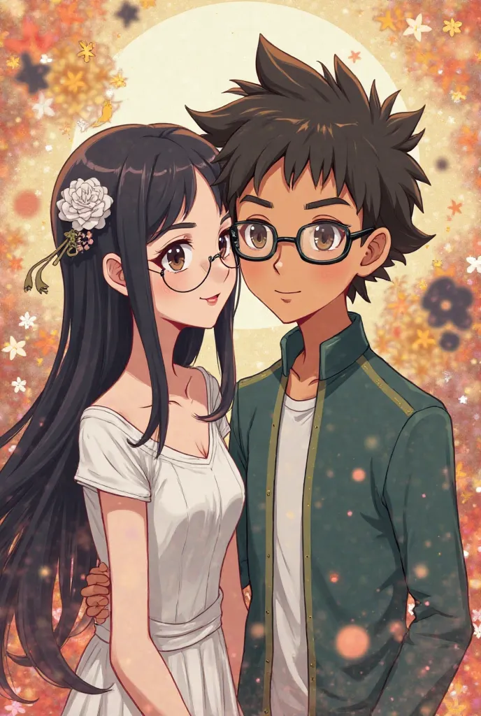 Illustration of a couple in the style of a Pokémon card, that the bride has Chinese hair, round glasses with a black frame, who has long black hair up to the waist, and that the boy has black hair, Curlers with light brown skin and the boy's hair doesn't l...