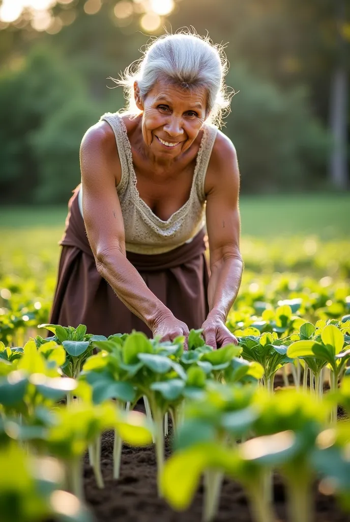 Photo of an eighty-year-old Thai woman wearing a light brown lace tank top and a dark brown sarong, growing bean sprouts.