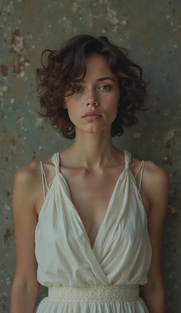 A woman in a white dress with short curly hair standing there talking to her beloved, her serious face, as if she would tell him that she had someone else in her place. 