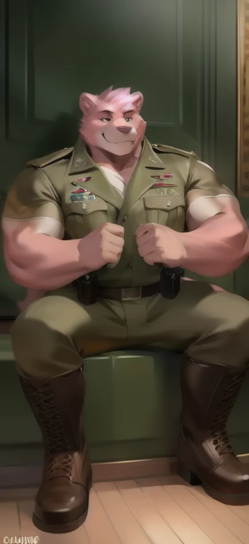  alone,  man big tall , Sitting inside ., in wardrobe , pink bear  ,tail crocodile​ long​, black Green military Army uniform ,  wearing boots ,  heavy overload,  muscle,  Smirking psychosis ​, by chunie 