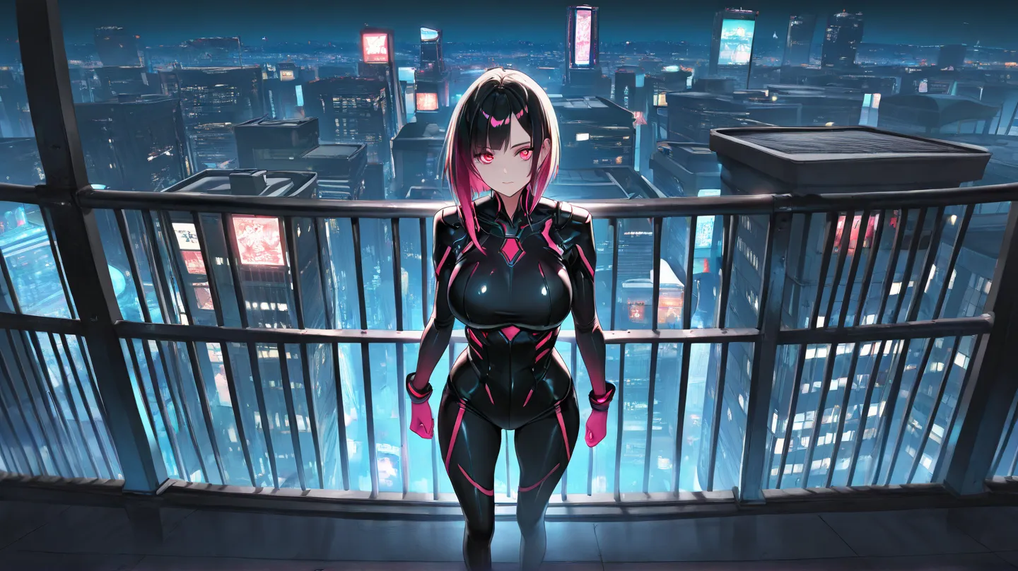 (Best Quality, masterpiece: 1.2), masterpiece, perfect dynamic composition in the foreground, beautifully detailed eyes,1girl,cyberpunk, large breasts,bangs, shiny hair, (wide shot:1.2), (front view:1.3), (standing tall at the edge of a rooftop:1.3), looki...