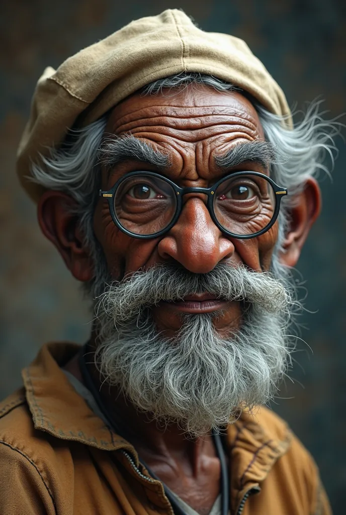 Face of an African man old gray hair hollowed out face , wrinkled , nasty look  ,And a beard  ,Funny Pixar humor with a sailor's captain's hat with old glasses.  