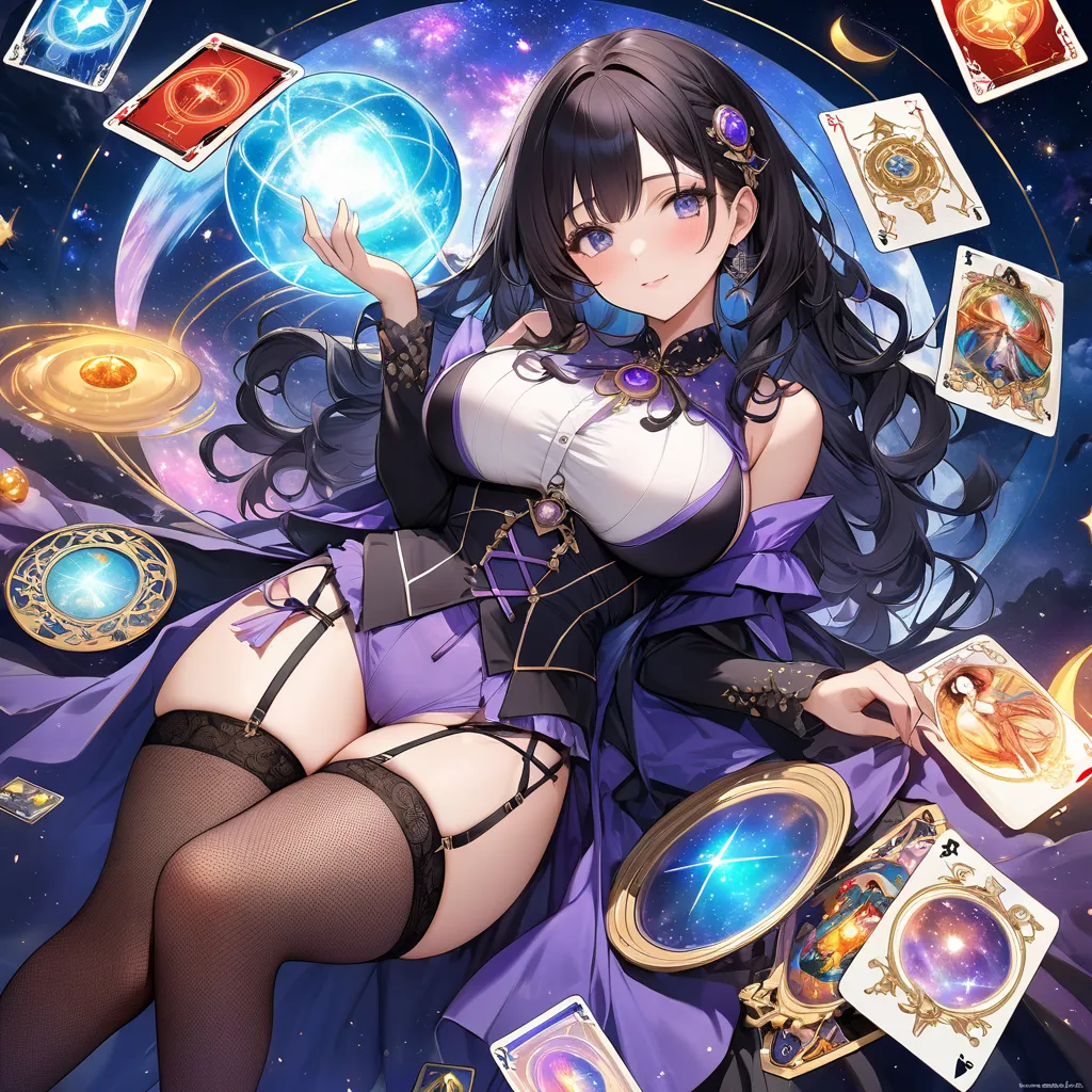 最Best Quality, Best Quality, 16k,  Unbelievably ridiculous , very well detailed, 2.5D, delicate and dynamic, , formal, universe, Night Sky,  crescent,  constellation, Gorgeous Nebula, meteor, lake, lake面に月が映る, Tarot Cards,  Giant Magic Circle ,  Complex Ma...