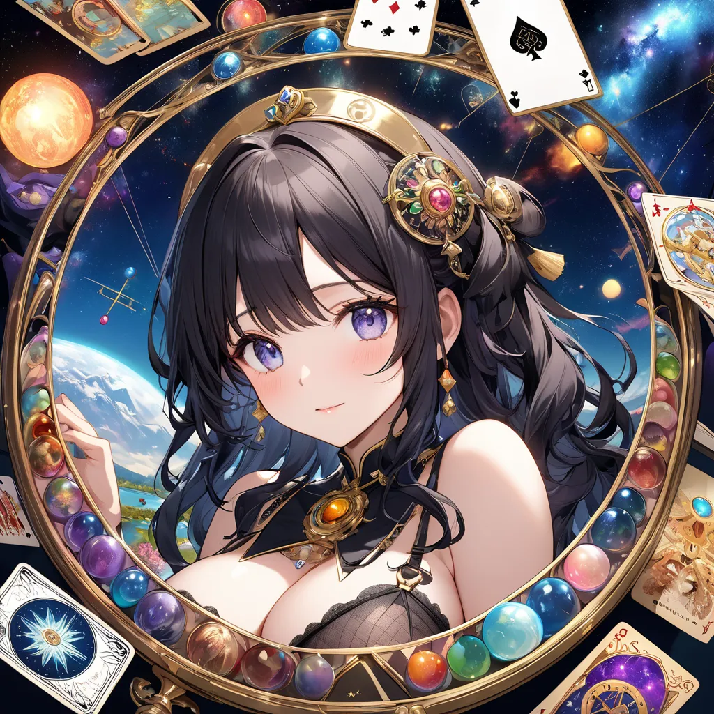 最Best Quality, Best Quality, 16k,  Unbelievably ridiculous , very well detailed, 2.5D, delicate and dynamic, , formal, universe, Night Sky,  crescent,  constellation, Gorgeous Nebula, meteor, lake, lake面に月が映る, Tarot Cards,  Giant Magic Circle ,  Complex Ma...