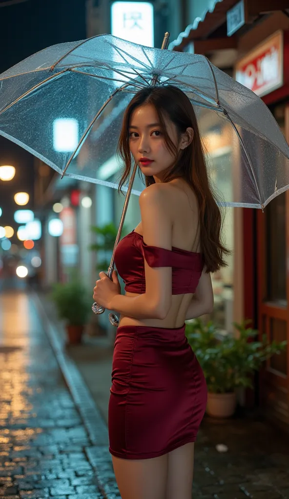  artistic photography ，High Angle，Ultra HD，High image quality。
night， The neon lights are reflected on the wet stone streets，The drizzle， A 20-year-old Japanese actress stands on the street corner，Holding a transparent umbrella， She wears a wine-red off-sh...