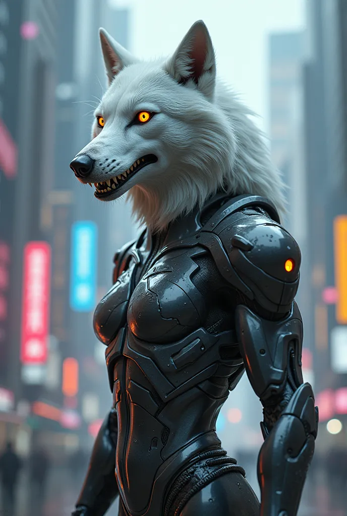 Cyberpunk human with the head of a white wolf 
