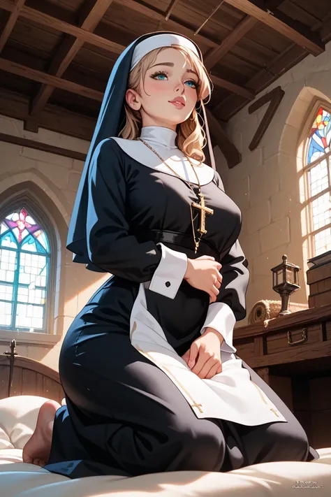 A beautiful and pure nun、On the bed in the hut、 Look Down、low angle、blush、will step over to the man later