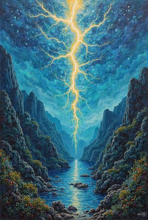 I want a design for a mural, Where it contains catatumbo rays, an allusion to the study of La Paz to the war on nature