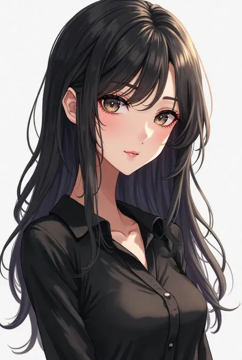 Create anime black haired woman with long hair, nice hush cut haircut. Black blouse. A little sexy look looks cute against a white background