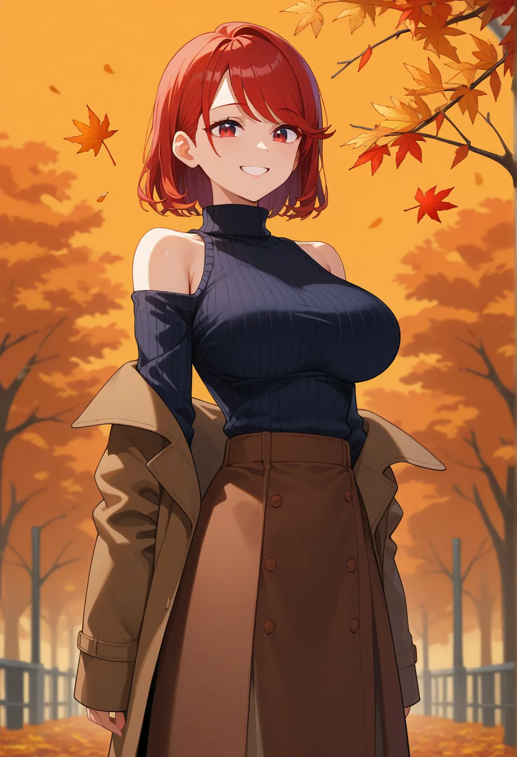 score_9, score_8_arriba, score_7_arriba,  1 girl, autumn, autumn leaves, black sweater,  cut bob breasts,  breasts, brown   coat  , brown skirt, mouth shut,   coat  , large  breasts, move, move background,  Long Sleeves Leather, flow looking at the spectat...