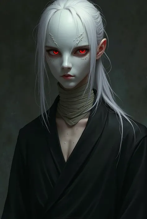 Young male with white mask white hair tied up with a ponytail and 2 locks on the sides of his face, red eyes and a black robe with bandages around his neck. 