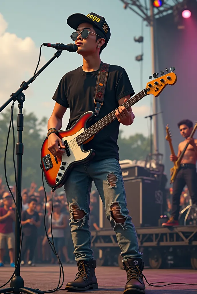 25-year-old Indonesian man with clean face wearing baseball cap with dhegol inscription wearing boots wearing ripped jeans wearing black t-shirt wearing sunglasses playing bass guitar and there is mic stand in front of him background outside concert stage