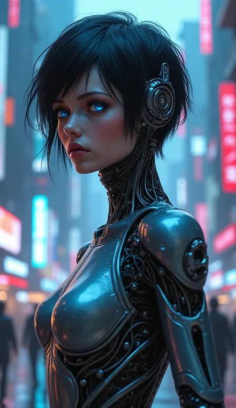 Portrait photorealistic image of a cyborg futuristic woman standing in a neon-lit city. She has blue eyes, metallic skin, and intricate robotic features. The background shows tall buildings and flying cars, creating a vibrant, high-tech atmosphere.