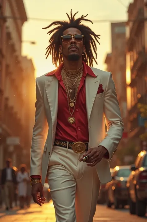 "Bob Marley is reimagined as a 1970s mob boss, wearing a sleek white suit with a red shirt, flashy gold necklaces and a fancy belt. He walks down a busy street at sunset, smoking a cigar and wearing stylish sunglasses. The setting reflects a cinematic mood...