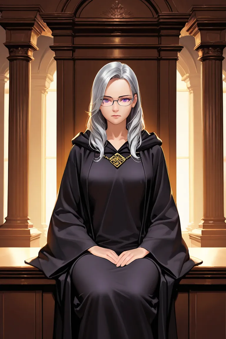 Court　One sexy female presiding judge　Glasses　 silver hair　purple eyes