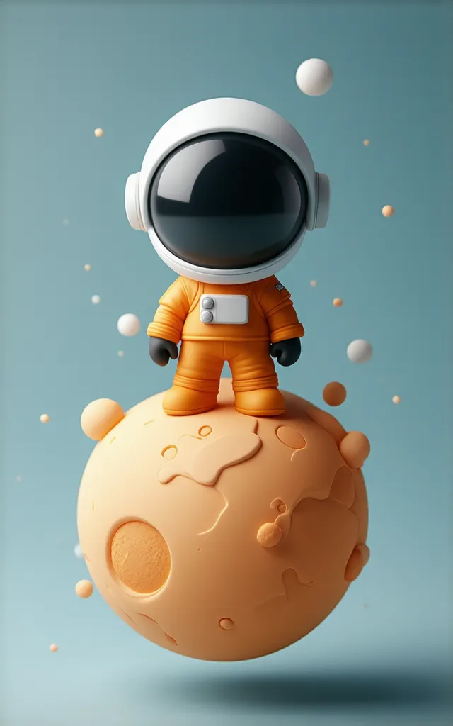 A cute, stylized astronaut in an orange spacesuit with a large, reflective helmet stands on a small, floating planet. The planet has a textured, cratered surface with warm orange and beige tones. The background is a soft blue gradient, creating a dreamy an...