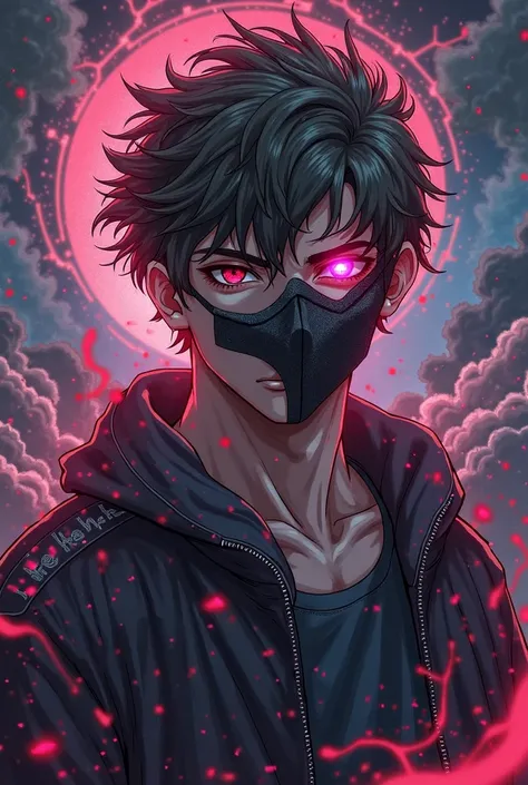 a Halloween anime handsome 18 year old guy with Halloween mask  powerful background