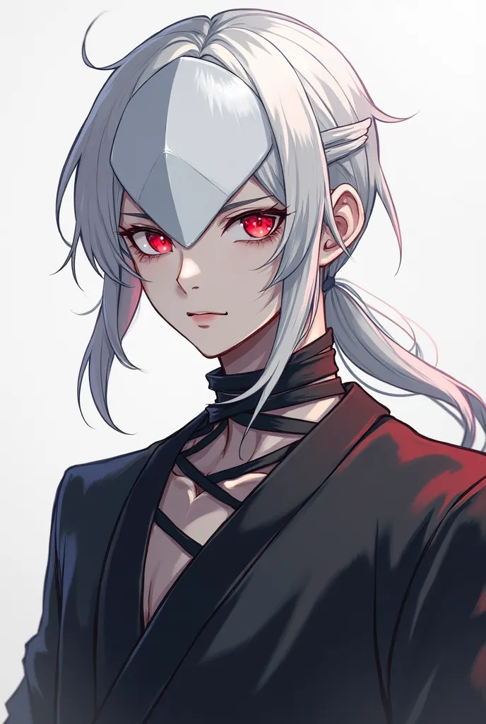 Young male with white mask white hair tied up with a ponytail and 2 locks on the sides of the face, red eyes and a black tunic with bandages around the neck in anime style 