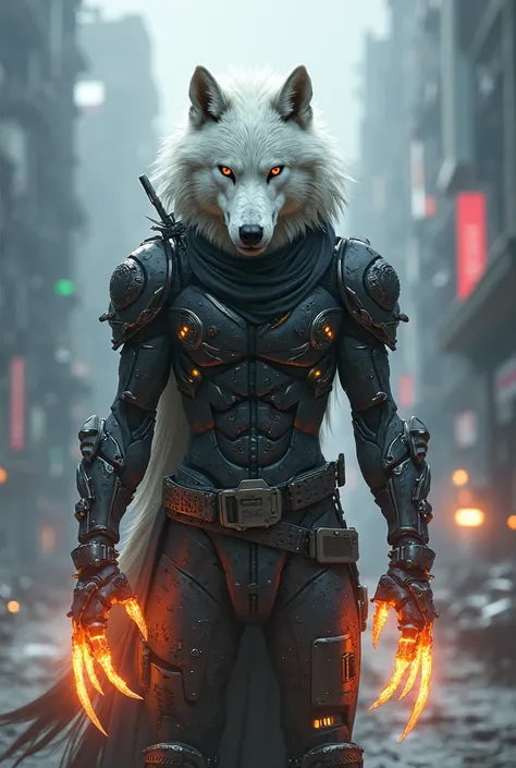 Cyberpunk human with a white wolf's head, right eye scar and flaming claws 
