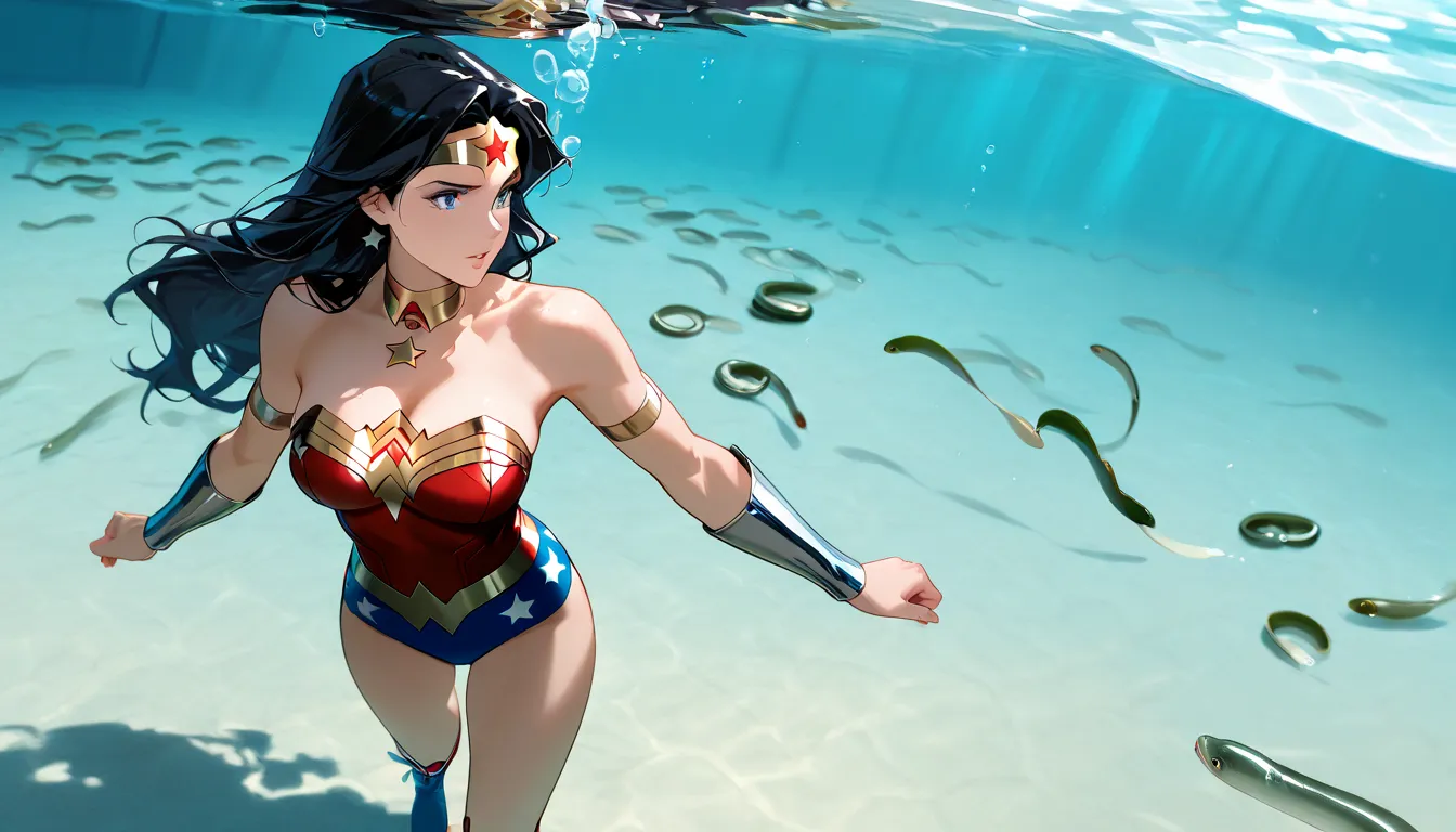 masterpiece, high image quality, １Wonder Woman has a beautiful face、 Accurate Wonder Woman costume and boots、Wonder Woman standing and swimming underwater、((Countless eels swim around Wonder Woman、A group of eels swimming closely together))、(((Wonder Woman...