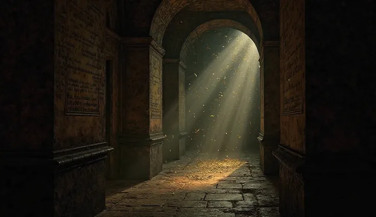 A dimly lit ancient passage within the library, thick with dust and shadows. The air shimmers slightly as a faint, ethereal whisper seems to swirl around, unseen but tangible. The scene is eerie yet mesmerizing, with tiny golden motes of light floating in ...