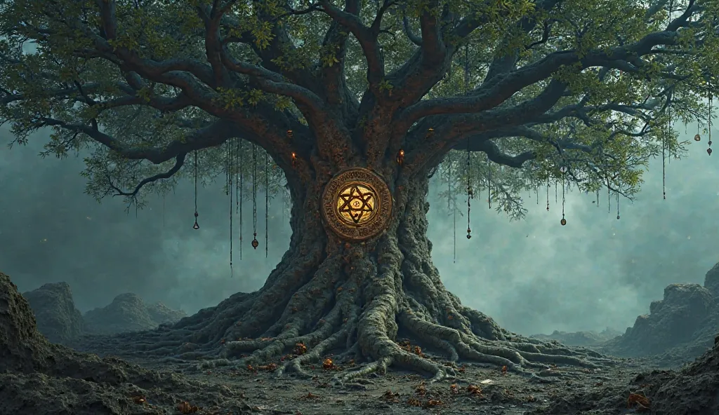 "A biblical tree of knowledge, with roots that form symbols of secret societies."