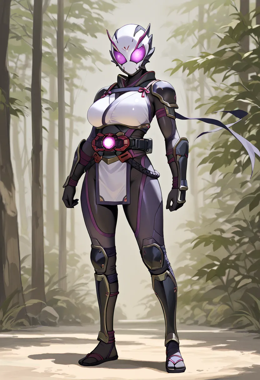 Top quality, full body, standing, from front,looking at viewer, no human features,A ninja-like female humanoid monster,large breasts, slender,non-human features,no human face,shinobi armor, rider belt、