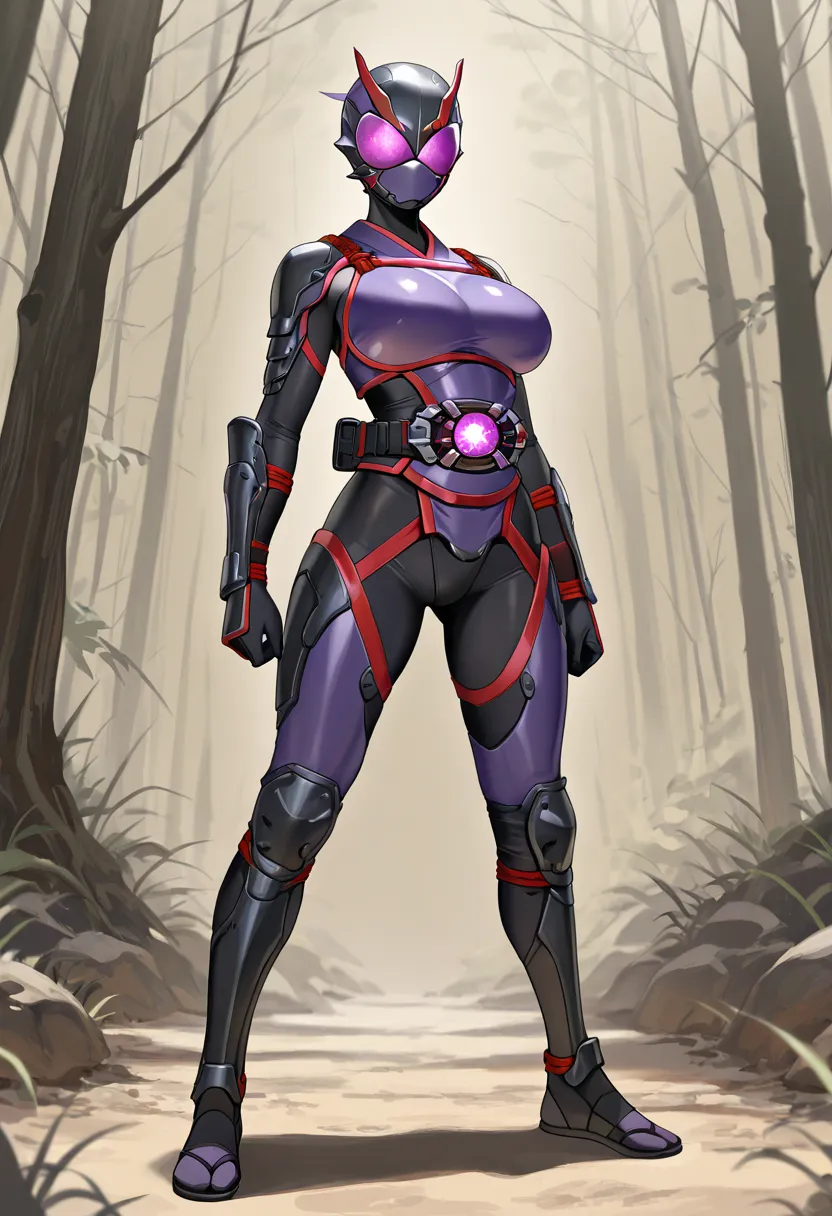 Top quality, full body, standing, from front,looking at viewer, no human features,A ninja-like female humanoid monster,large breasts, slender,non-human features,no human face,shinobi armor, rider belt、