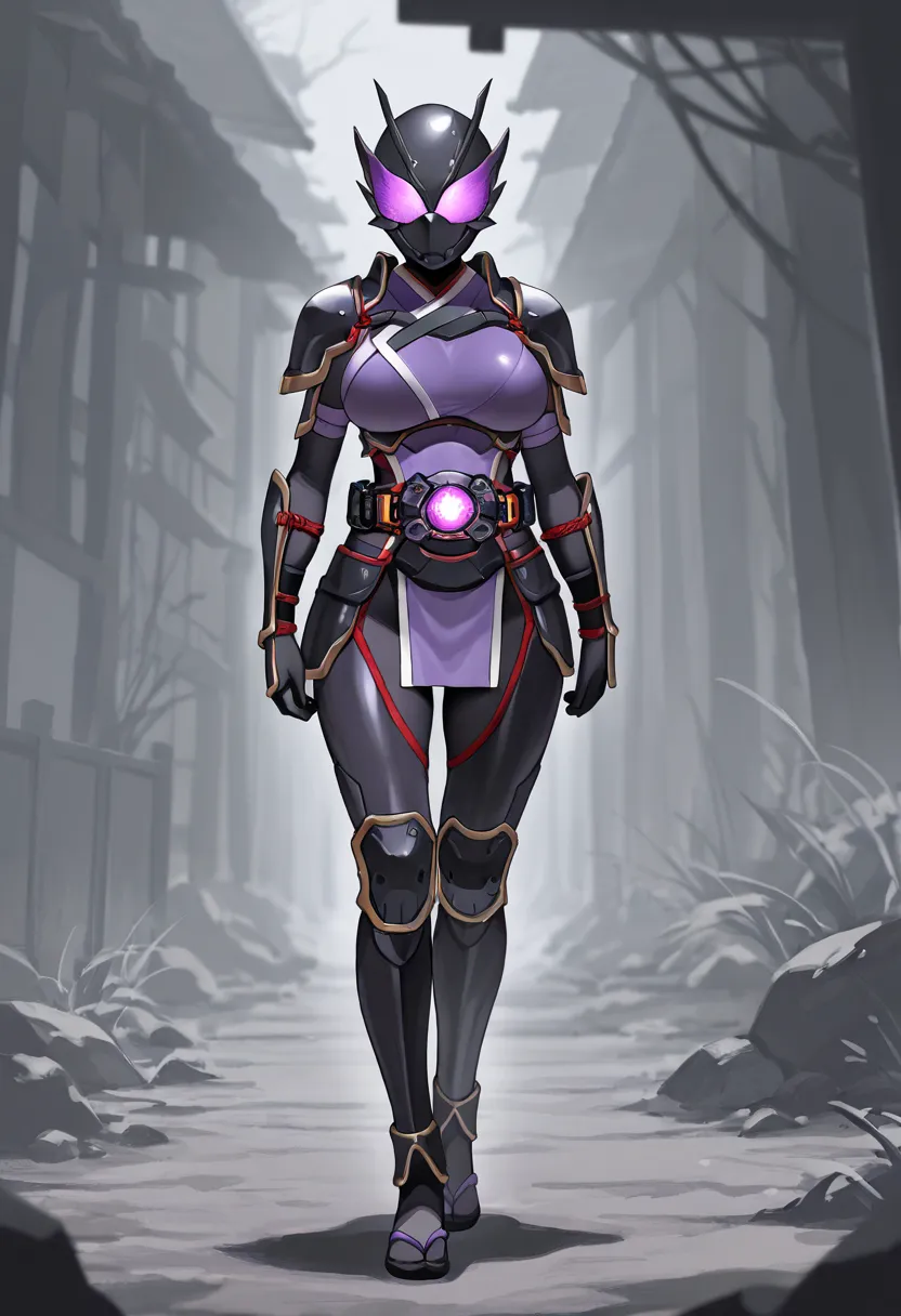 Top quality, full body, standing, from front,looking at viewer, no human features,A ninja-like female humanoid monster,large breasts, slender,non-human features,no human face,shinobi armor, rider belt、