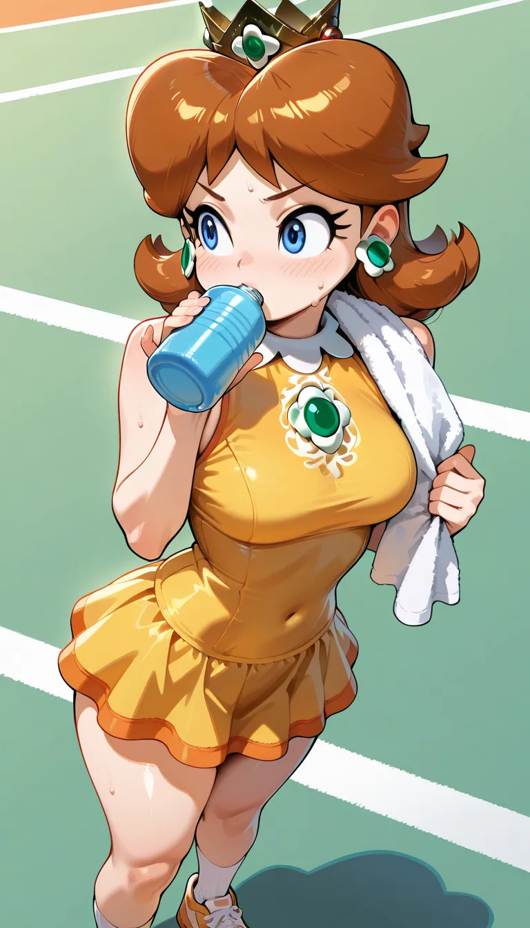 2d, 1girl, princess_daisy, daisy, blue eyes, daisies, tiara, blue eyes, brown hair, earrings, (sleeveless, bar shoulder:1.2), orange camisole, mini skirt, jewelry, thighs, tennis, wear, white socks, sneaker, sweat, looking away, 
masterpiece,best quality,a...