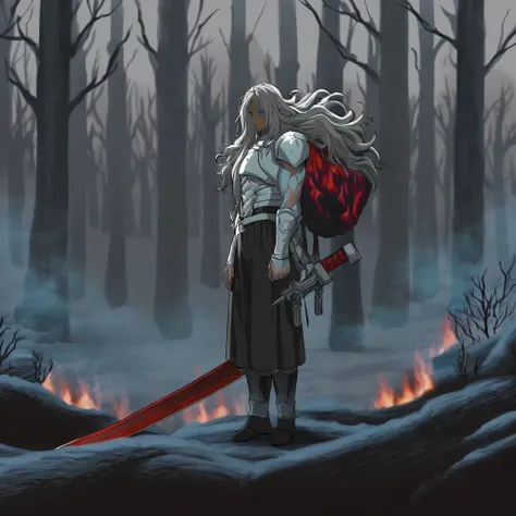 anime,Full body painting,Dark Tones, dark-skinned man, facing forward, Long, Cold, long hair, muscular body, Messy hairstyle, gray hair, The inner color of the hair is crimson, Pale blue eyes, Monastic uniform-style white armor, large sword carried on his ...