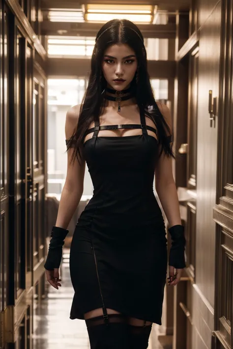 a woman in a black dress and a choker walking down a corridor, dark dress, inspired by Hedi Xandt , glamorous Yor Forger, young beautiful amaranth, amaranth,  seductive cyberpunk dark fantasy , inspired by Kim Deuk-sin, streets of the Gothic city behind he...