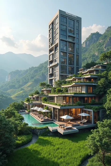 Created a Futuristic Luxury Building, Executive class architecture, Futuristic variation tower, with the logo RUSDHY HOTEL, Daytime, rooftop garden, surrounded by many small, simple, thatched-roofed antique lagoon villas in a sloping terrace rice field are...